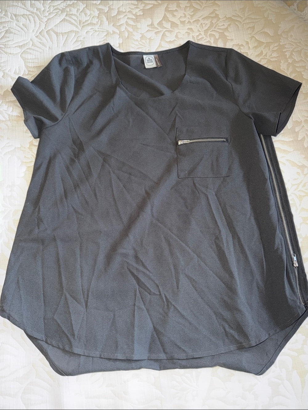 Paper Crane Black Short Sleeve Top with Zip Pocket and sides Detail